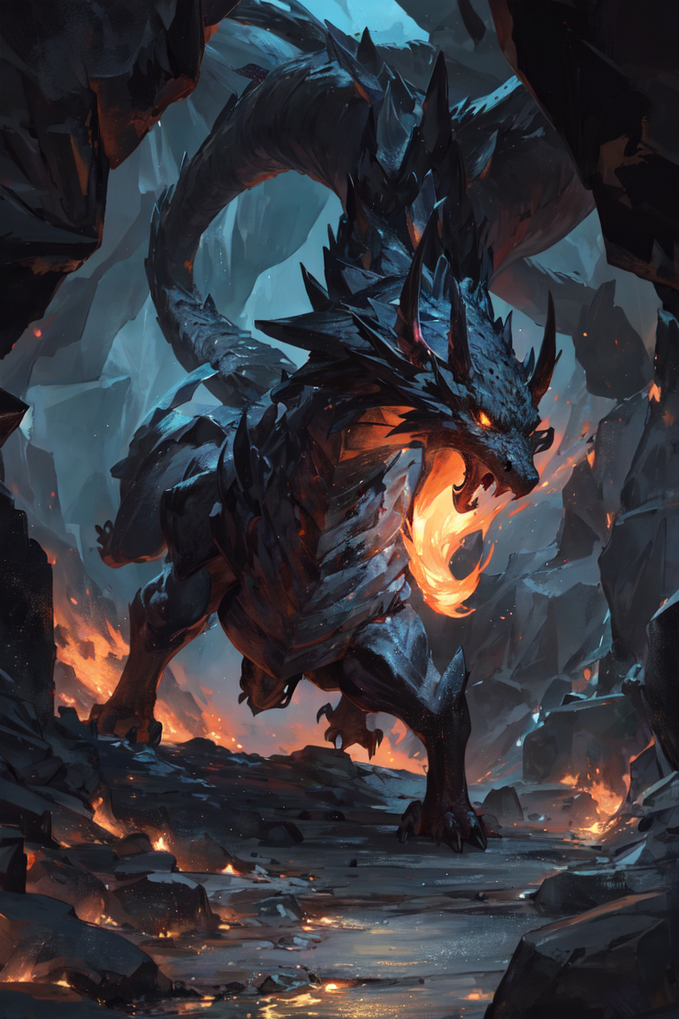 245374-1747647384-A fierce dragon breathing fire in a dark, cave-like setting, with rocks and gemstones scattered throughout the environment.png